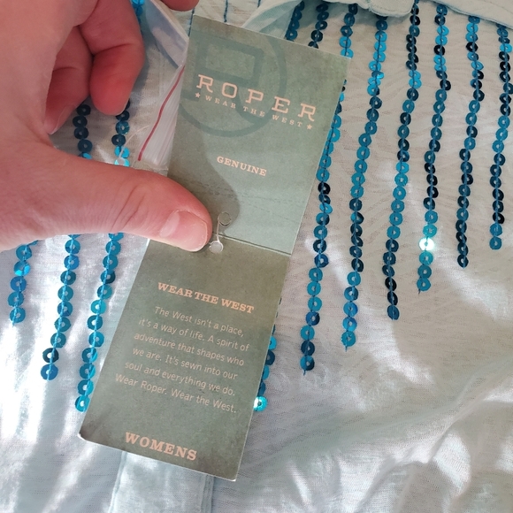 NWT Roper Blue Sequin Pearl Snap Button Down Shirt Women's Size XL - Picture 9 of 16